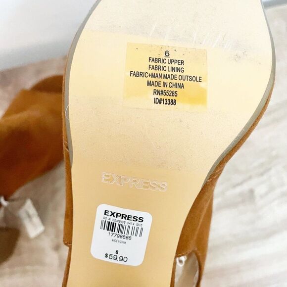 Express Tan Camel Brown Peep Almond Toe Ankle Buckle Block Heel 6 - Picture 9 of 9